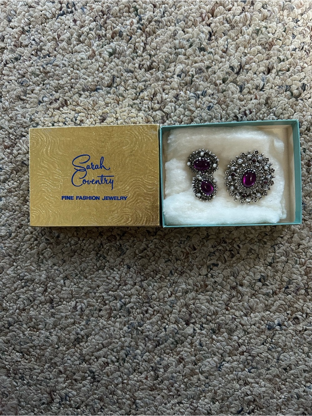 Sarah Coventry Purple and Clear Rhinestone Brooch with Matching Clip Earrings